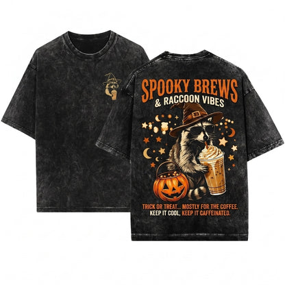 Cute Halloween Spooky Witch Raccoon Drinking Pumpkin Spice Coffee Lover Autumn Fall Graphic Gift Unisex Wash T-Shirt