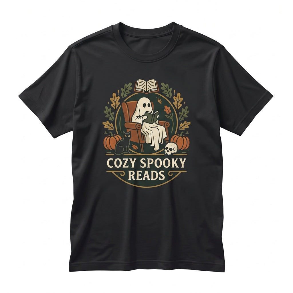 Cozy Ghost Reading Halloween Library Bookshelf Book Lover Graphic Unisex TShirt