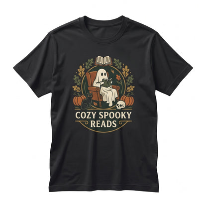 Cozy Ghost Reading Halloween Library Bookshelf Book Lover Graphic Unisex TShirt
