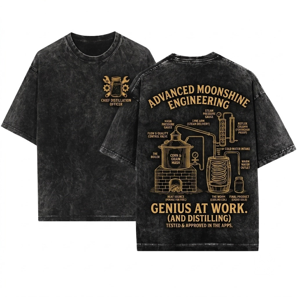Moonshine Patent Vintage Engineer Blueprint Drawing Graphic Unisex Wash T-Shirt