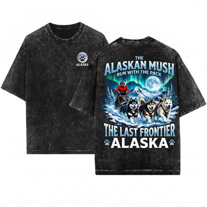 Alaska Husky Dog Sledding Mushing Northern Lights Winter Adventure Snowy Mountain Full Moon Unisex Wash T-Shirt