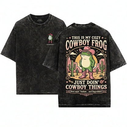 Dagnabbit Cowboy Frog Embroidered Pink Cowgirl Boots Graphic Apparel Funny Vintage Unisex Wash T-Shirt