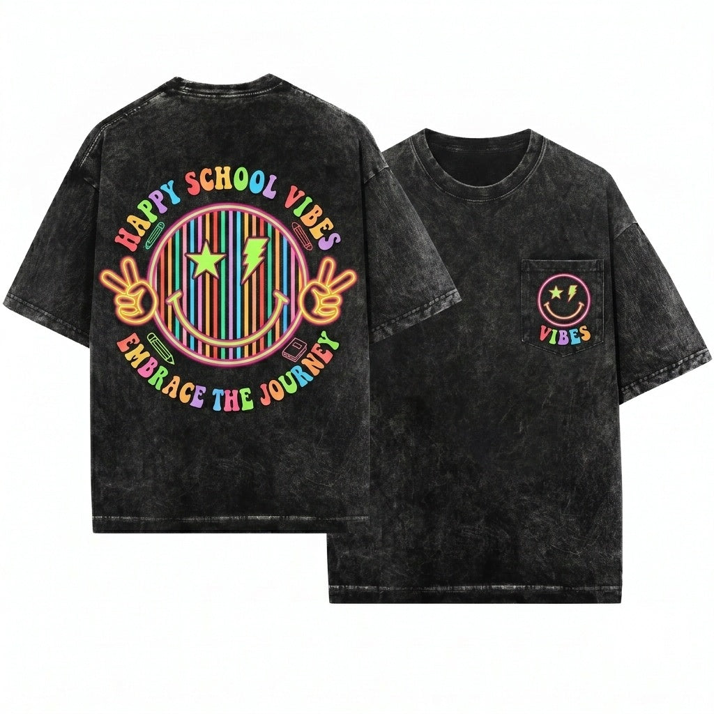 Funny Neon Happy Smile Face Colorful Lightning Bolt Back To School Teacher Grade Kids Unisex Wash T-Shirt
