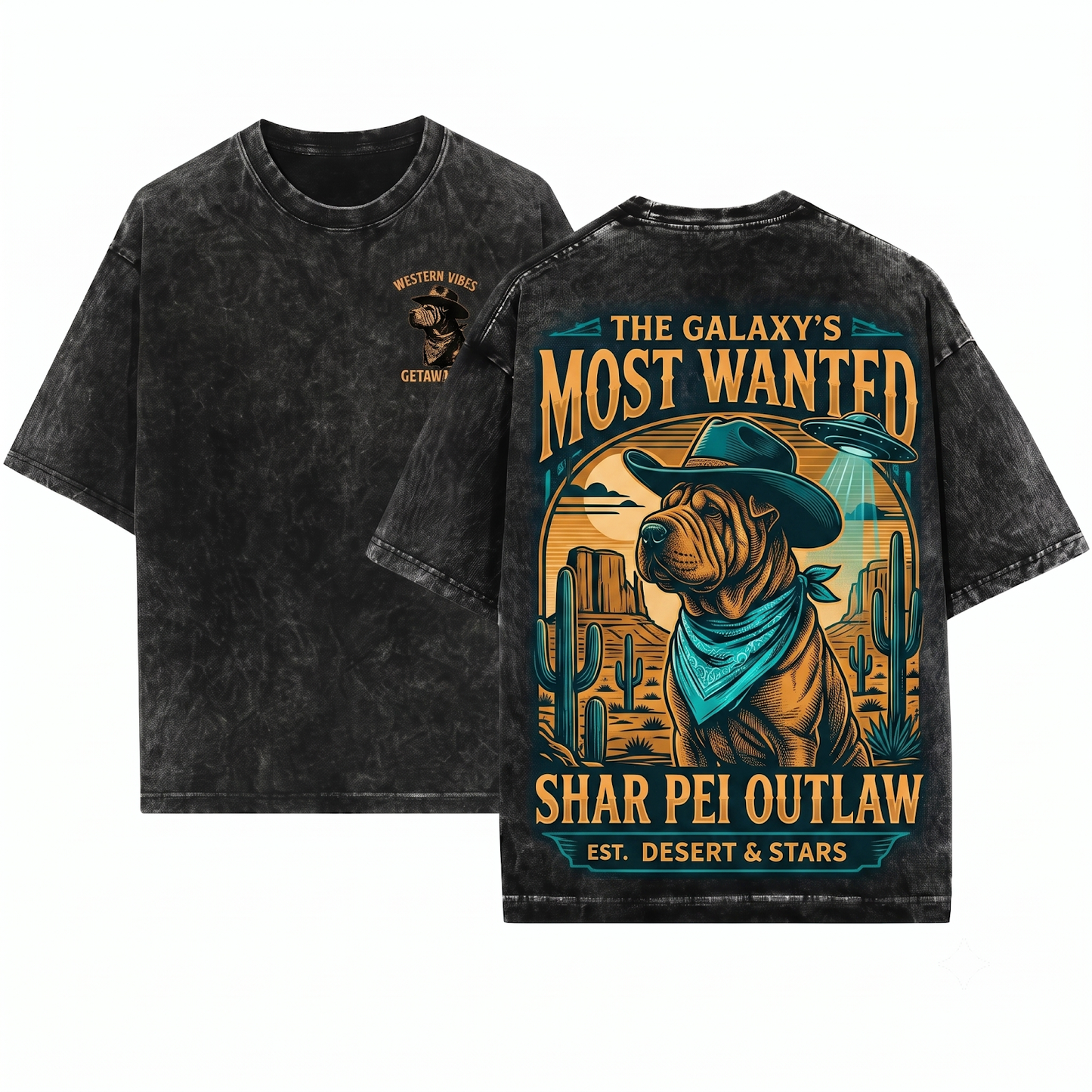 Vintage Shar Pei UFO Western Cowboy Retro Alien Dog Perfect Gift For Mom Dad Lovers Unisex Heavyweight Garment-Dyed T-Shirt