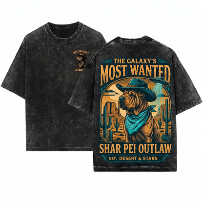 Vintage Shar Pei UFO Western Cowboy Retro Alien Dog Perfect Gift For Mom Dad Lovers Unisex Heavyweight Garment-Dyed T-Shirt