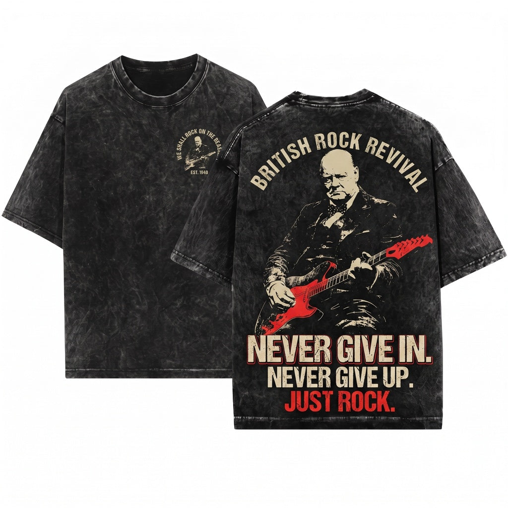 Winston Churchill Playing Electric Guitar Vintage Rocker Humor Historical Graphic Unisex Wash T-Shirt