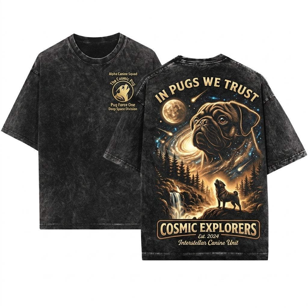 Vintage Retro Pug Howling Moon Graphic Gift Unisex Wash T-Shirt