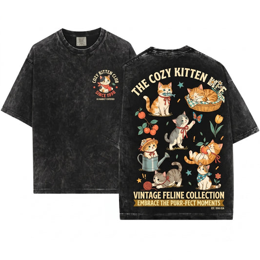 Vintage Whimsical Kitten Cottagecore Cat Lover Cozy Retro Aesthetic Gift Top Unisex Wash T-Shirt