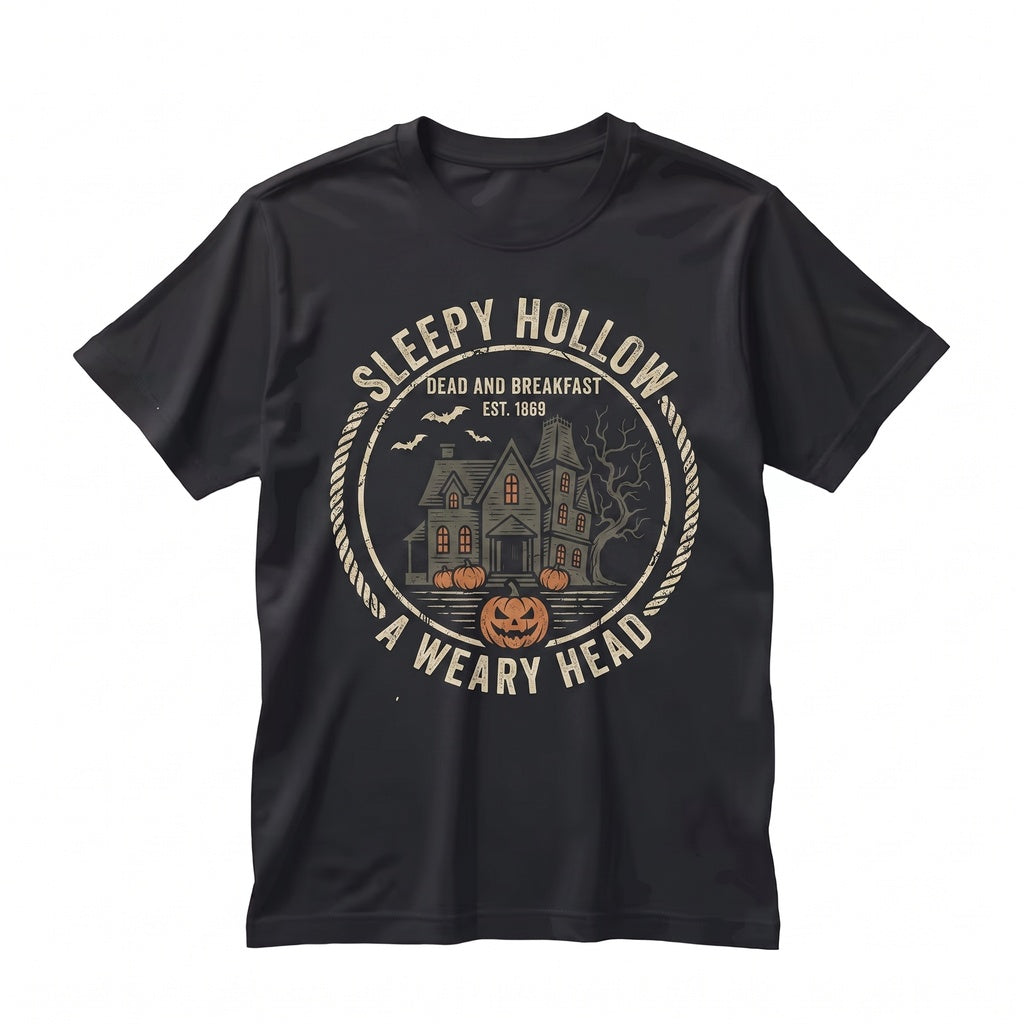 Haunted Inn Dead and Breakfast Funny Headless Horseman Crewneck Spooky Season Fall Graphic Halloween Costume Unisex TShirt