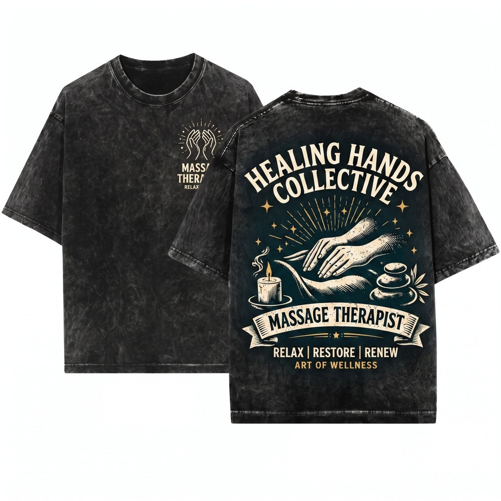 Healing Hands Massage Therapist Relax Restore Renew Spa Wellness Zen Therapy Aesthetic Mindful Gift Unisex Wash T-Shirt