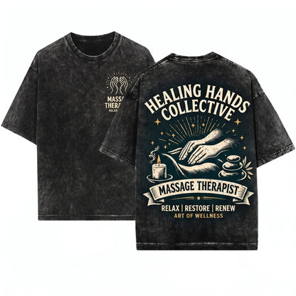 Healing Hands Massage Therapist Relax Restore Renew Spa Wellness Zen Therapy Aesthetic Mindful Gift Unisex Wash T-Shirt