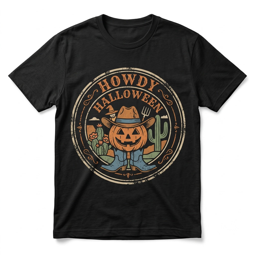 Western Halloween Pumpkin Skeleton Guitar Cactus Graphic Spooky Season Apparel Unisex TShirt