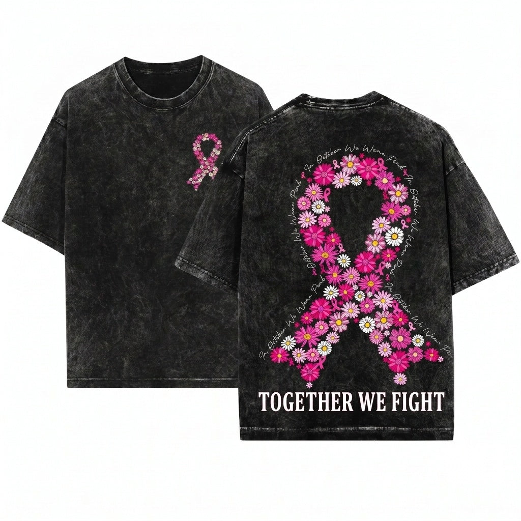 Daisy Floral Pink Breast Cancer Awareness Ribbon October Fight Preppy Unisex Wash T-Shirt