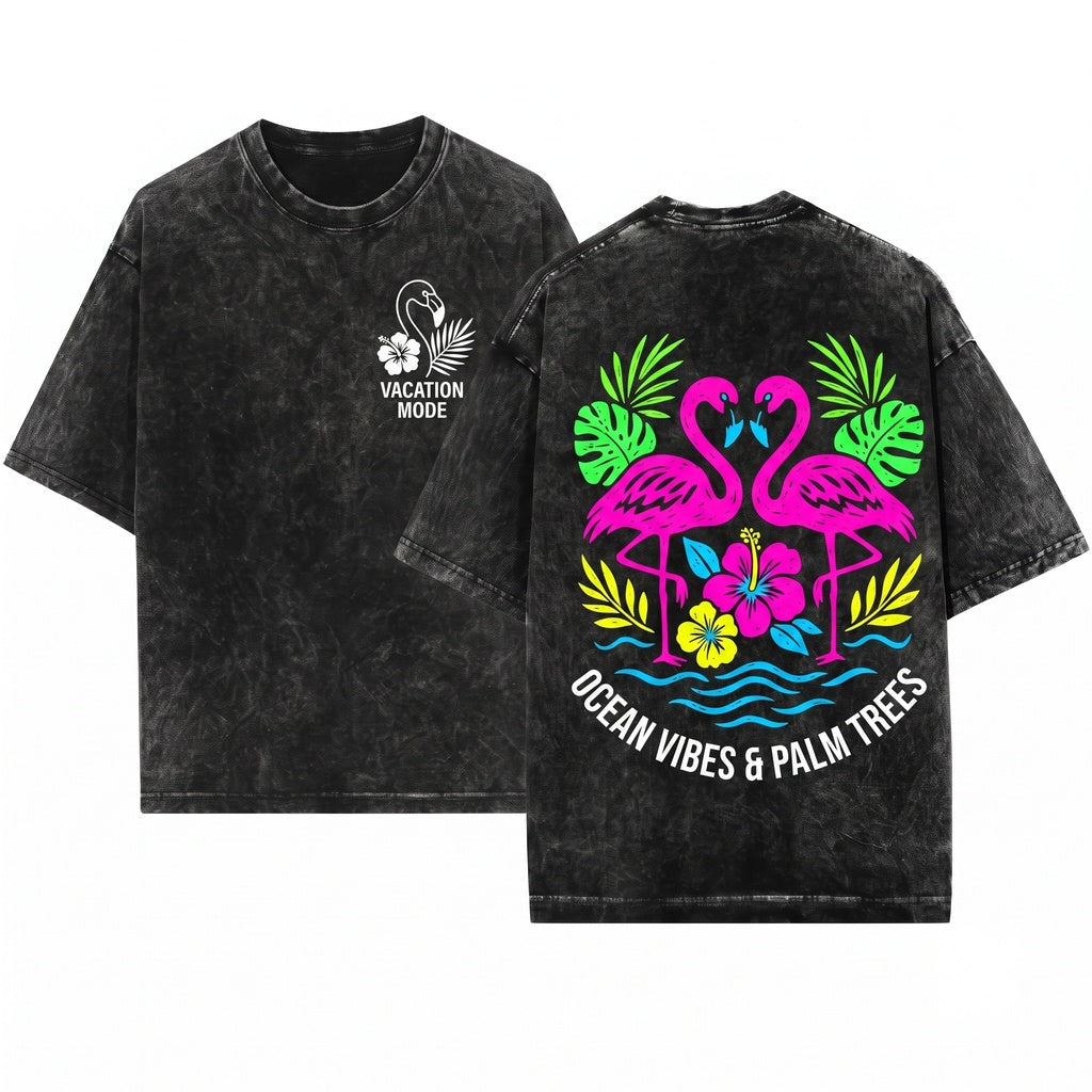 Flamingo Summer Graphic Front Back Print Oversized Pink Tropical Unisex Wash T-Shirt