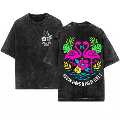 Flamingo Summer Graphic Front Back Print Oversized Pink Tropical Unisex Wash T-Shirt