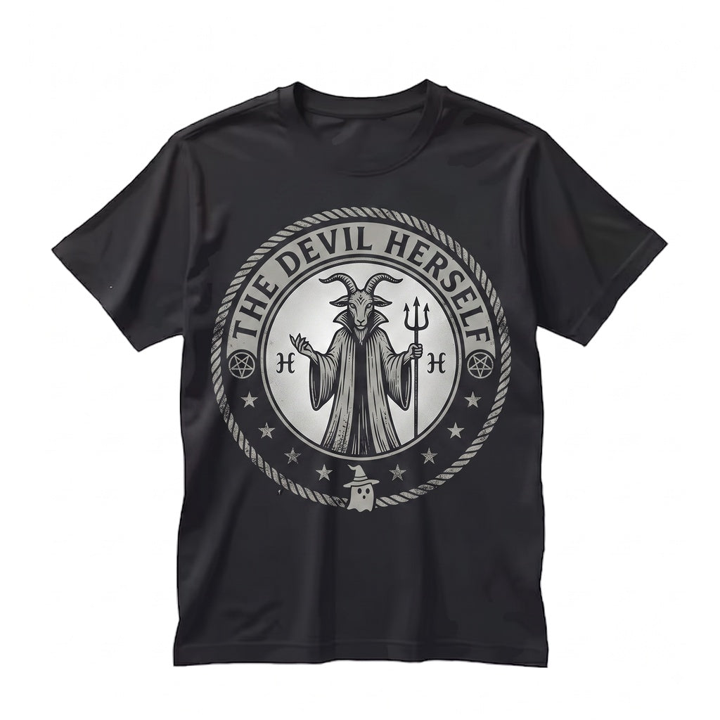The Devil Herself Funny Spooky Creepy Cute Sarcastic Goth Alt Black White Unisex TShirt