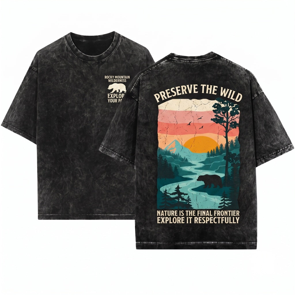 Retro Wilderness Bear River Mountain Forest Nature Rustic Outdoor Explorer Style Wildlife Gift Unisex Wash T-Shirt