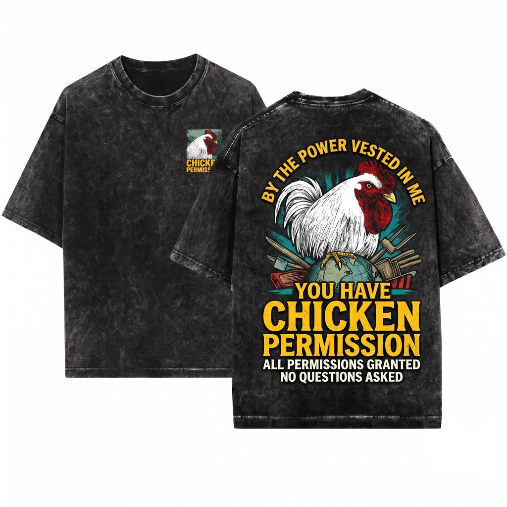Vintage Japanese Chicken Permission Graphic Unisex Wash T-Shirt