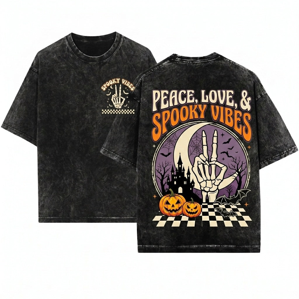 Spooky Vibes Retro Skeleton Hand Halloween Pocket Unisex Wash T-Shirt