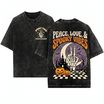 Spooky Vibes Retro Skeleton Hand Halloween Pocket Unisex Wash T-Shirt