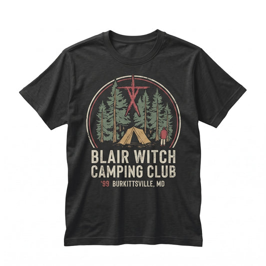 Vintage Spooky Woods Camping Club Retro Horror Film Graphic Unisex TShirt