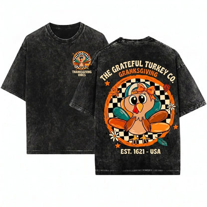 Cute Checkered Boy Girl Cap Brushstroke Turkey Thanksgiving Custom Graphic Kids Unisex Wash T-Shirt