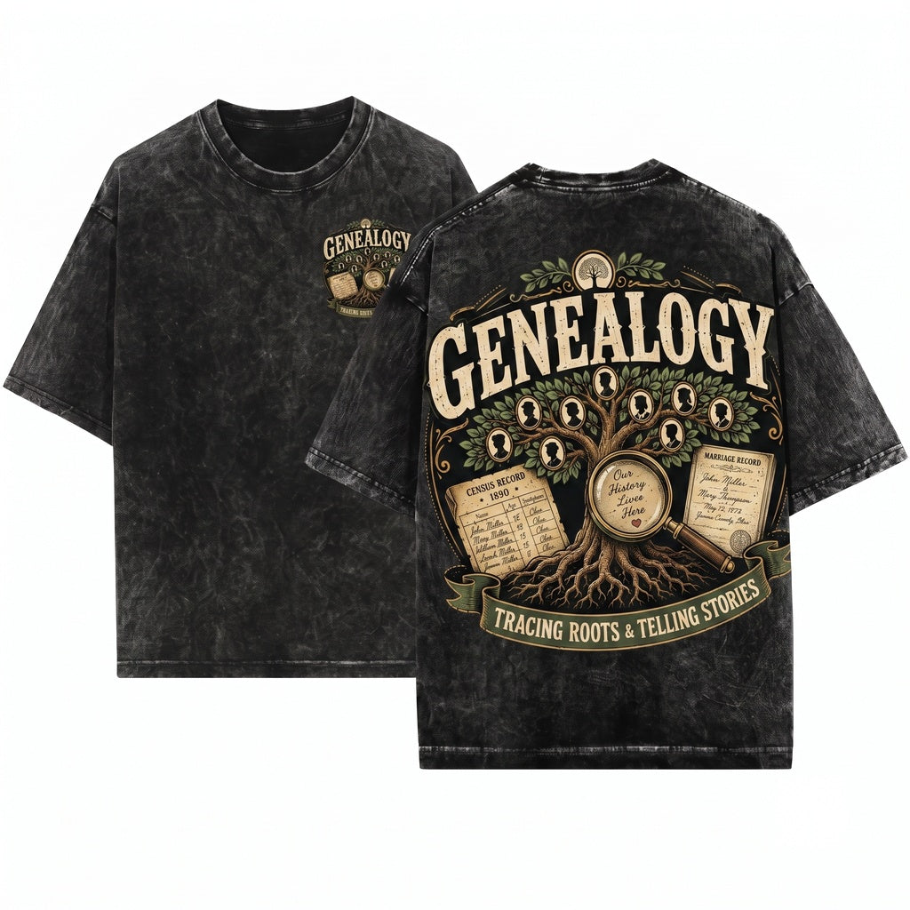 Genealogy Family Tree Historian Ancestry Roots History Lives Here Vintage Gift Unisex Wash T-Shirt