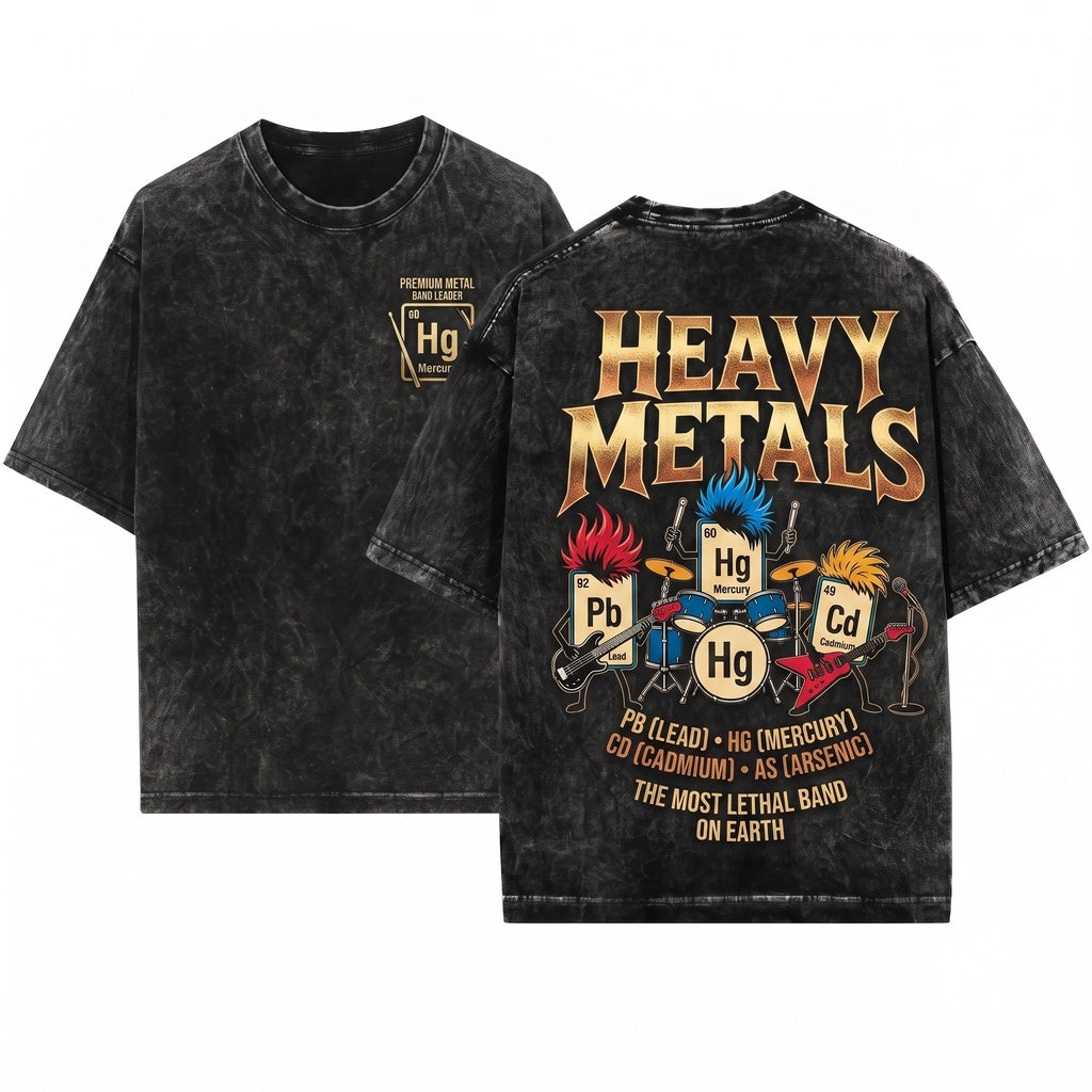 Heavy Metals Rock Chemistry Music Periodic Table Science Teacher Geek Graphic Novelty Gift Unisex Wash T-Shirt
