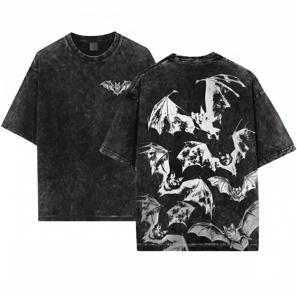 Three Bats Vintage 90s Y2K Retro Gothic Grunge Dark Art Horror Unisex Wash T-Shirt