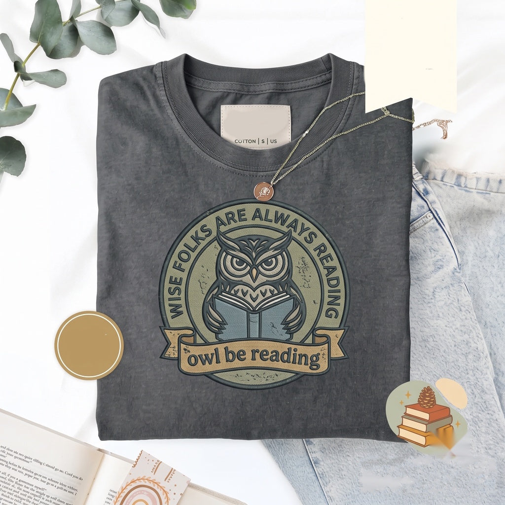 Embroidered Cute Owl Book Lover Gift Funny Cozy Reader Bookworm Unisex TShirt
