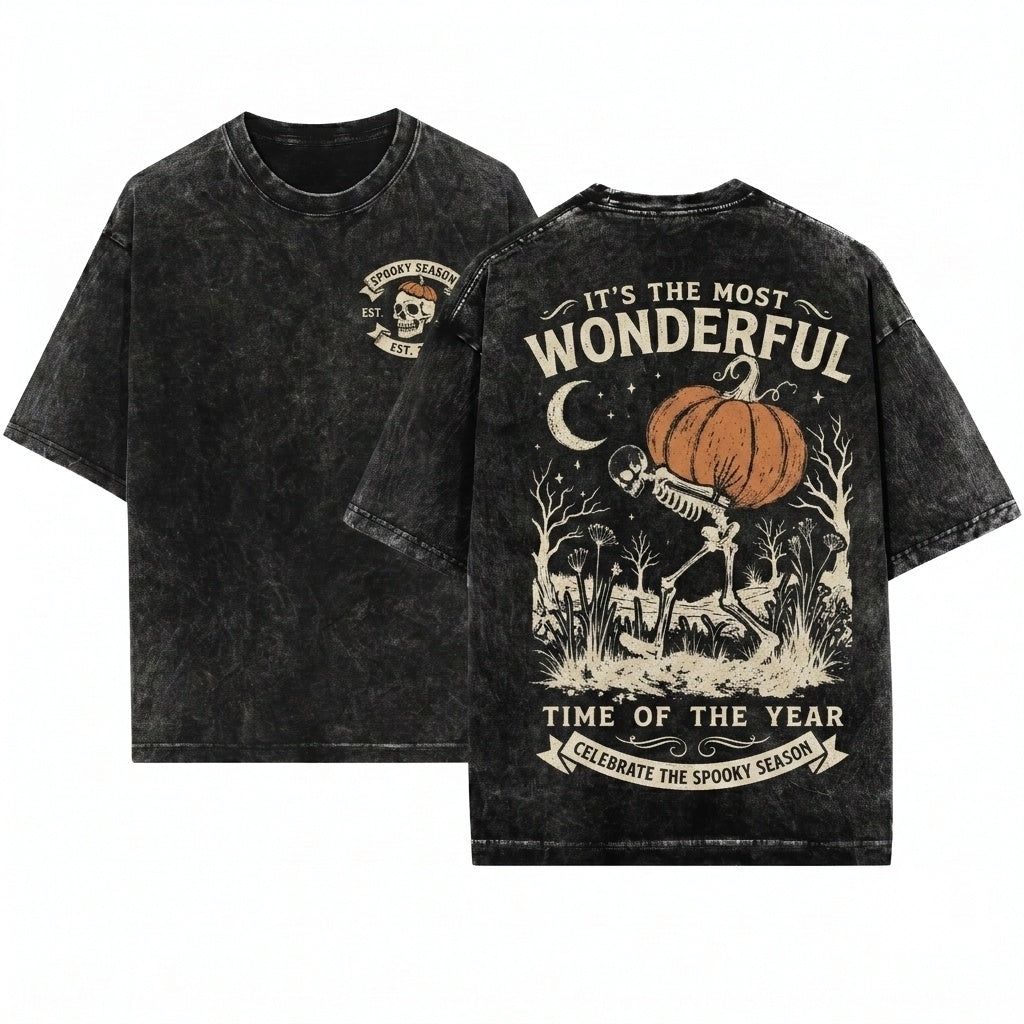 Funny Vintage Halloween Skeleton Pumpkin Most Wonderful Time Year Graphic Unisex Wash T-Shirt