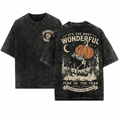 Funny Vintage Halloween Skeleton Pumpkin Most Wonderful Time Year Graphic Unisex Wash T-Shirt