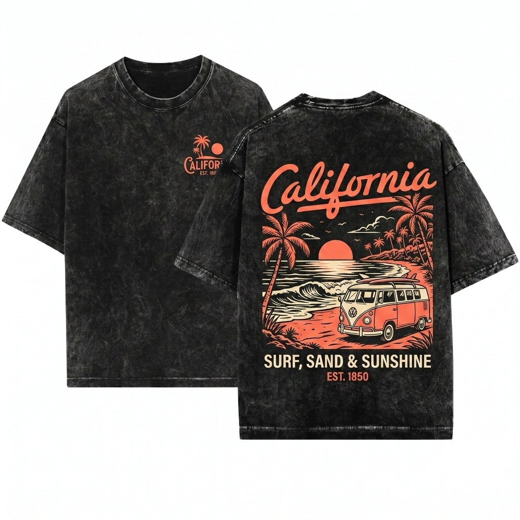 Vintage California Summer Beach Vibes Vacation Graphic Grunge Boho Aesthetic Travel Unisex Wash T-Shirt
