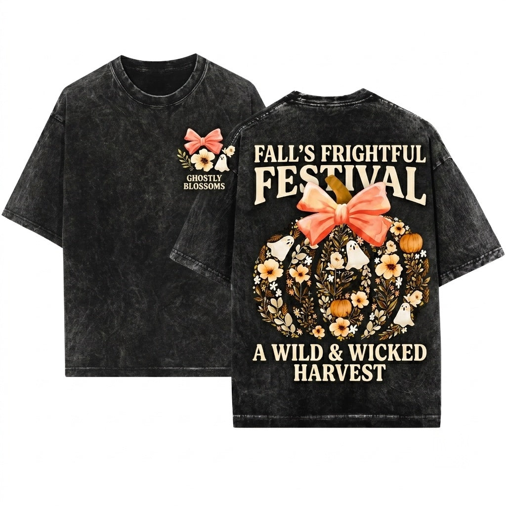 Vintage Floral Pumpkin Ghost Fall Bow Halloween Graphic Unisex Wash T-Shirt