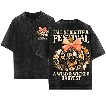 Vintage Floral Pumpkin Ghost Fall Bow Halloween Graphic Unisex Wash T-Shirt