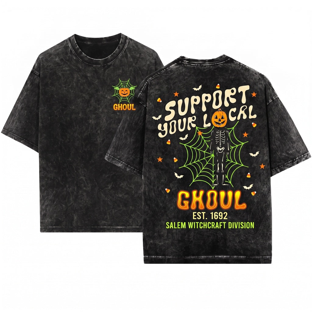 Support Your Local Ghoul Vintage Halloween Ghost Spooky Season Unisex Wash T-Shirt