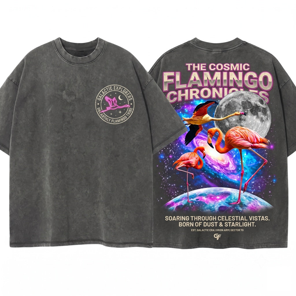 Three Flamingo Retro Vintage Moon Graphic Funny Oversized Meme Bird Unisex Wash T-Shirt