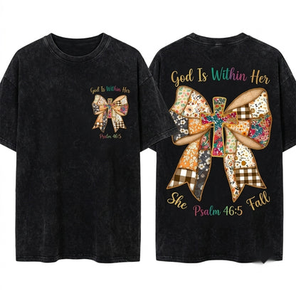 Jesus God Within Her She Will Not Fall Coquette Christian Bible Verse Faith Thanksgiving Unisex Wash T-Shirt