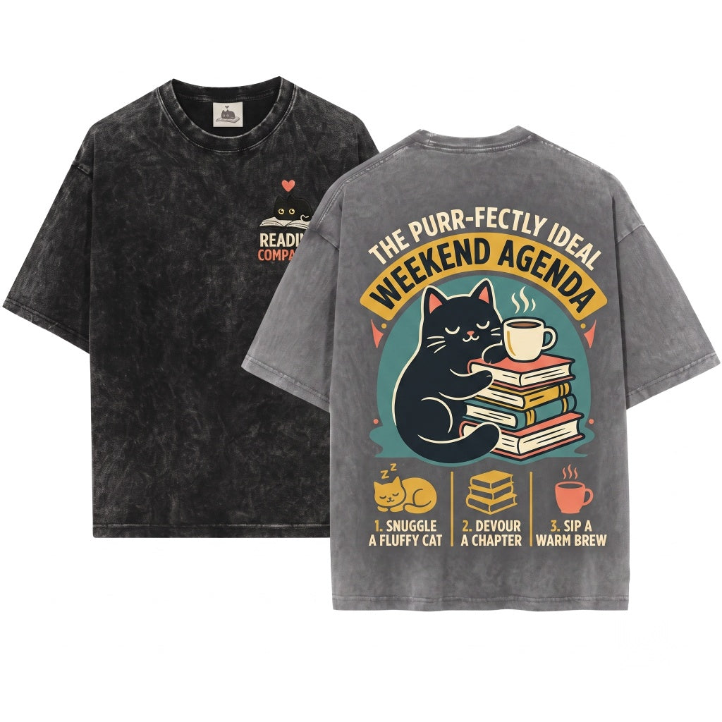 Embroidered Black Cat Cozy Book Club Reader Gift Unisex Wash T-Shirt