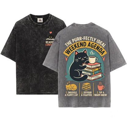 Embroidered Black Cat Cozy Book Club Reader Gift Unisex Wash T-Shirt