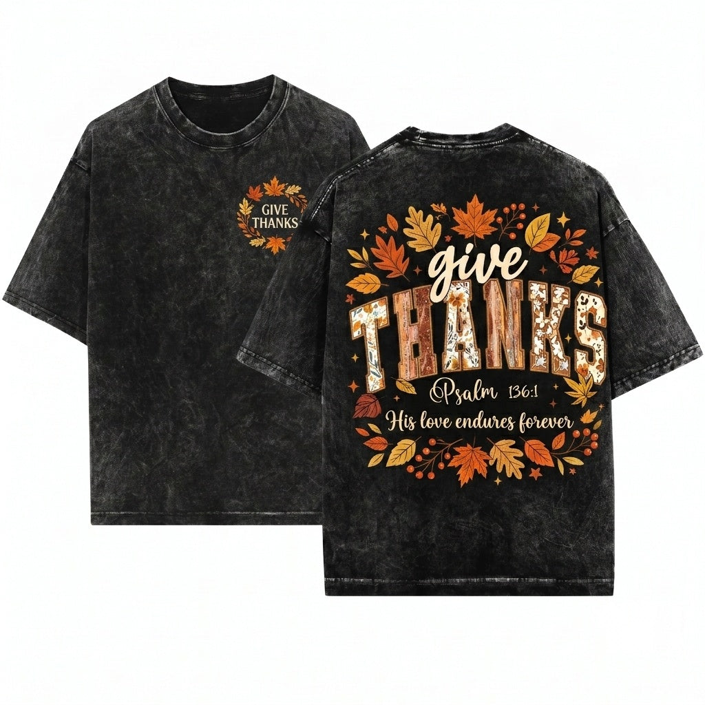 Give Thanks Floral Jesus Fall Faith Christian Varsity Bible Verse Faux Embroidery Unisex Wash T-Shirt