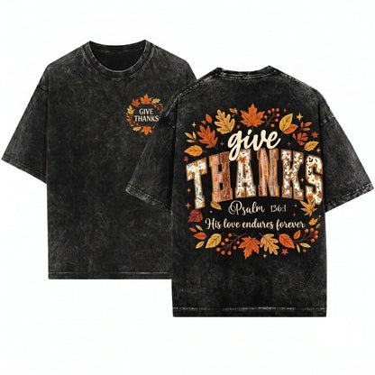 Give Thanks Floral Jesus Fall Faith Christian Varsity Bible Verse Faux Embroidery Unisex Wash T-Shirt