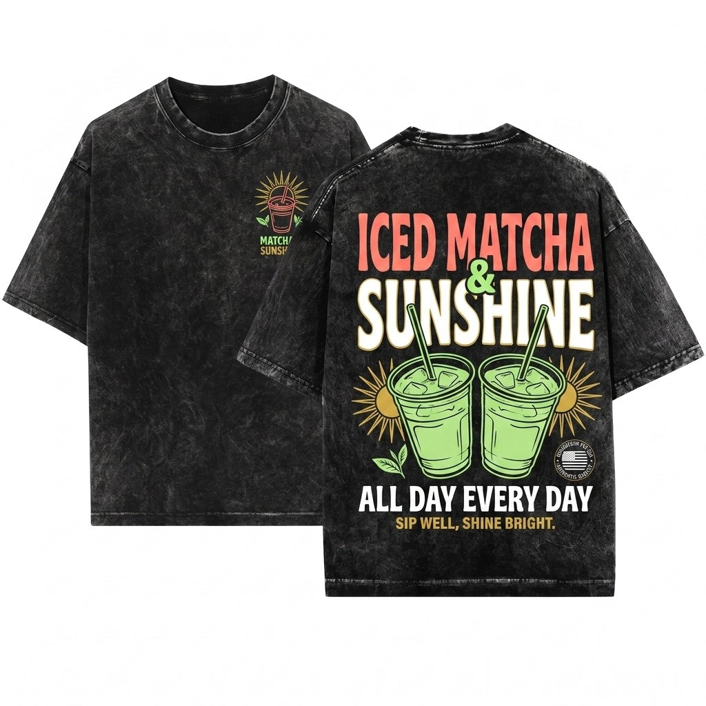 Iced Matcha Sunshine Coffee Lover Summer Graphic Vibes Unisex Wash T-Shirt