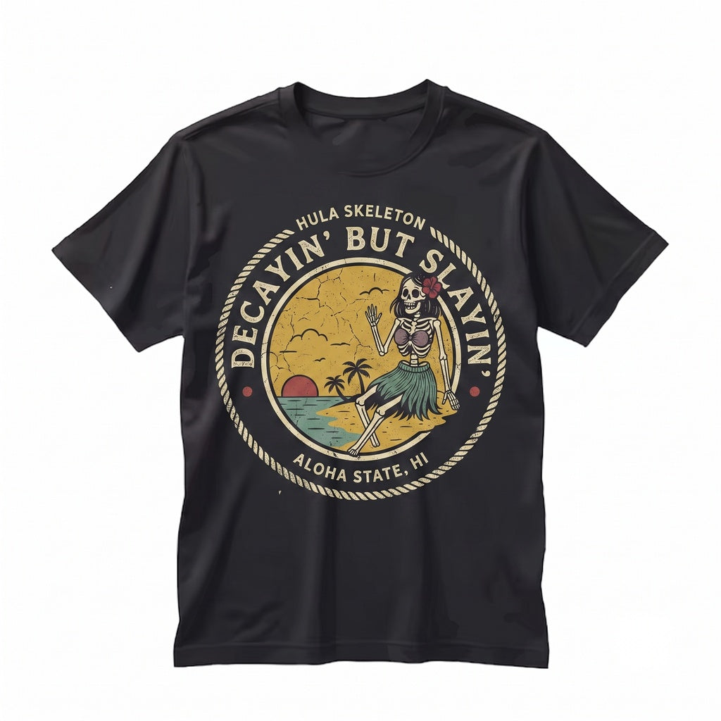 Decayin But Slayin Sarcastic Sassy Snarky Skeleton Babe Beach Graphic Unisex TShirt