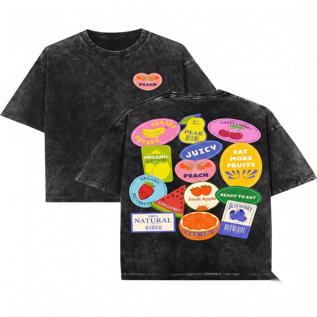 Vintage Fruit Stickers Graphic Preppy Summer Aesthetic Unisex Wash T-Shirt