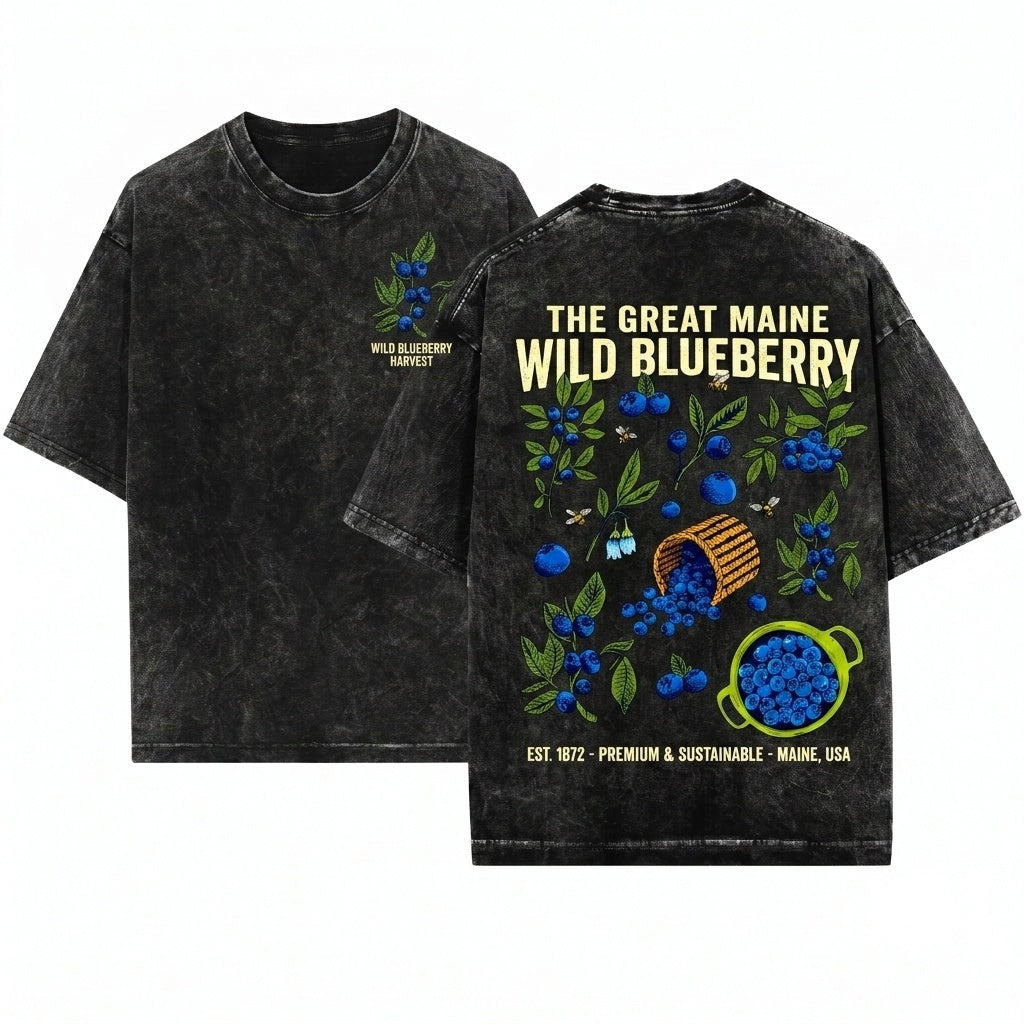 Blueberry Fruit Graphic Vintage Garment-Dyed Unisex Wash T-Shirt