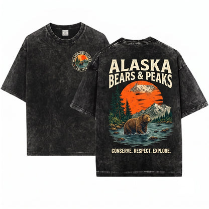 Bear in River Vintage Sunset Mountain Wildlife Nature Lover Woodland Camping Pine Trees Gifts for Outdoorsy Men Women Unisex Wash