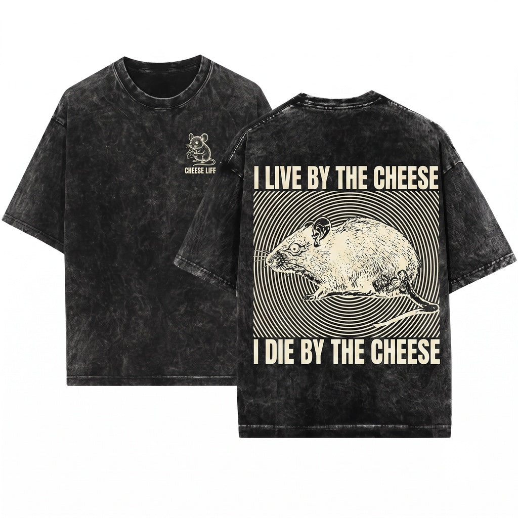 I Live By The Cheese Vintage Rat Funny Graphic Apparel Unisex Wash T-Shirt