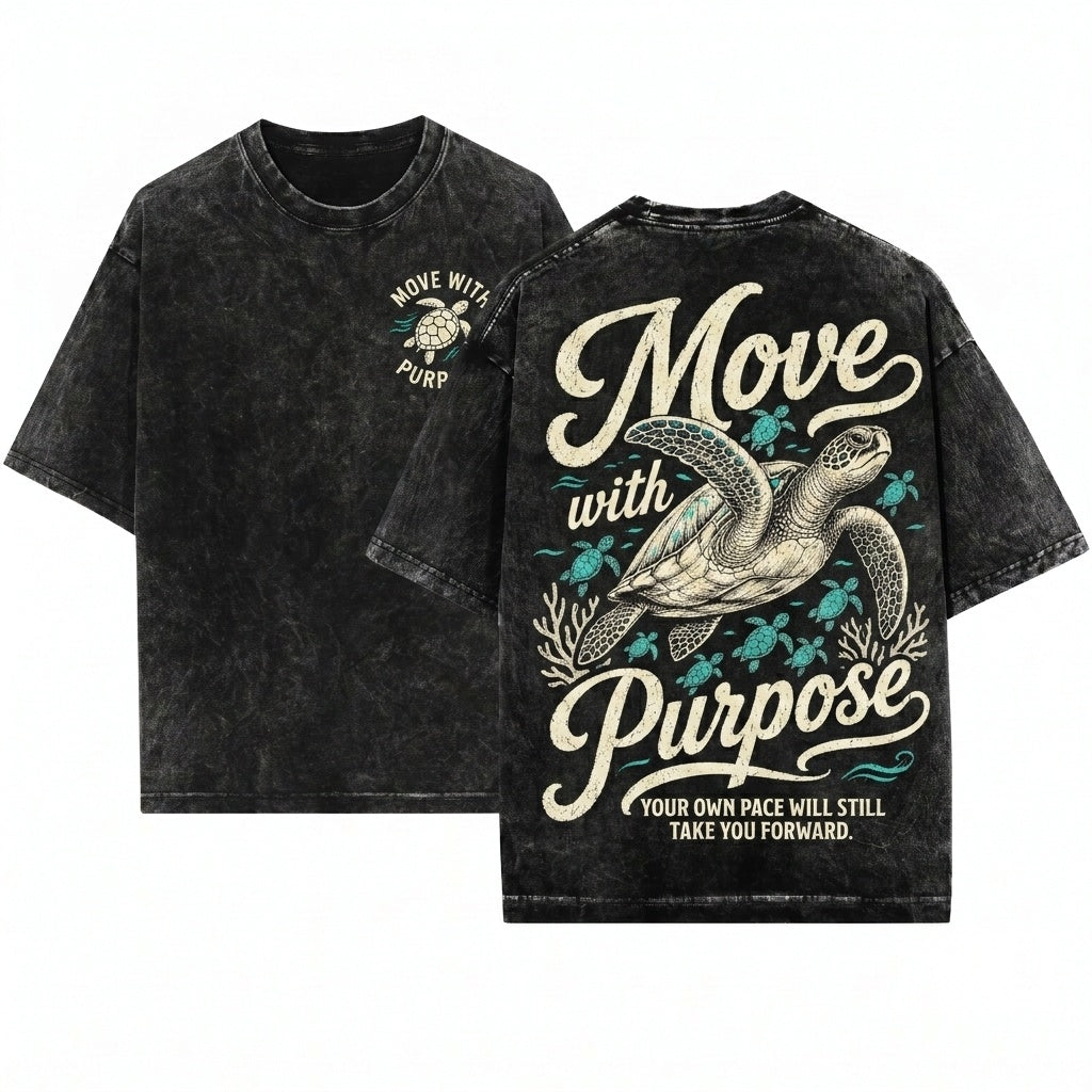 Move With Purpose Motivational Quote Sea Turtle Inspirational Retro Ocean Beach Lover Unisex Wash T-Shirt