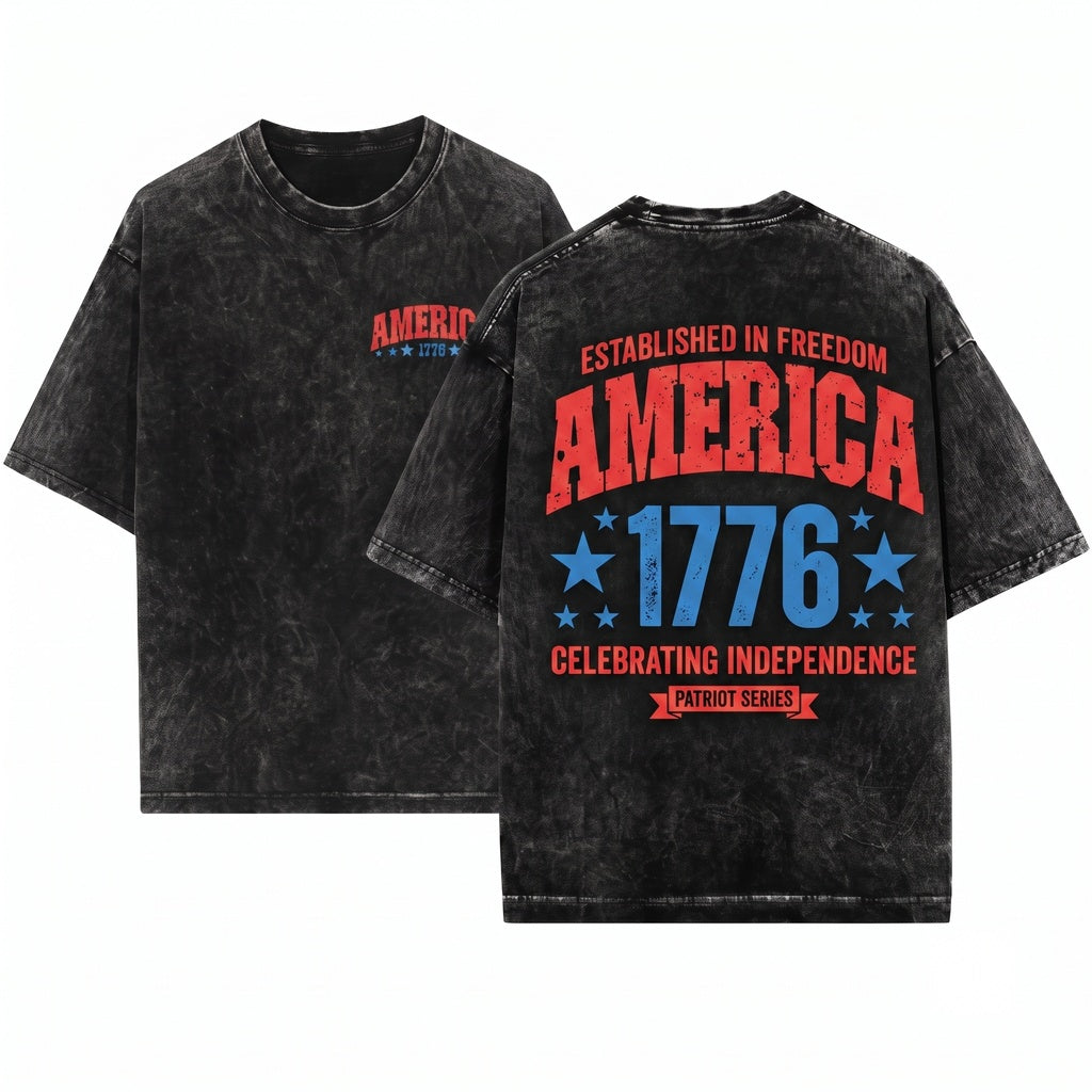America 1776 Varsity Patriotic July Fourth Unisex Wash T-Shirt